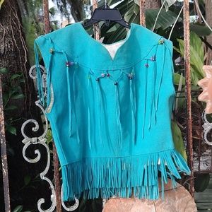 '70s vintage pioneer Ware blue suede cropped fringe hippie festival top XS